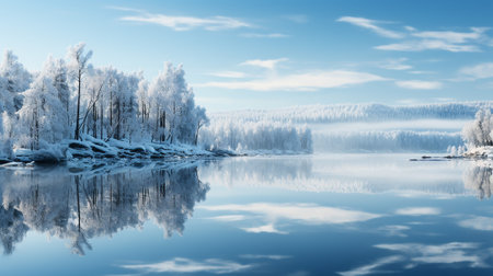 The scene showcases snow-covered trees standing tall, frozen lakes reflecting the soft light, and a blanket of quiet stillness that encompasses the entire area.の素材