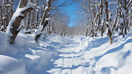 The scene showcases snow-covered trees standing tall, frozen lakes reflecting the soft light, and a blanket of quiet stillness that encompasses the entire area.の素材