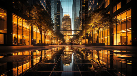 This photograph showcases the captivating beauty of architectural reflections, where buildings with reflective surfaces mirror the surrounding nature and cityscapes.の素材
