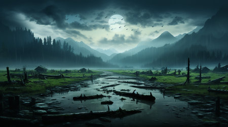 This photograph captures the dramatic beauty of a monsoon storm in full swing. Dark storm clouds fill the sky, releasing torrents of rain that blanket the landscape in a veil of mist.の素材