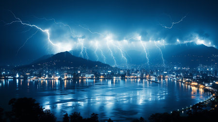 the exhilarating power and beauty of lightning strikes during thunderstorms bolts of lightning illuminate the sky and create a mesmerizing spectacle against the backdrop of the natural world.の素材