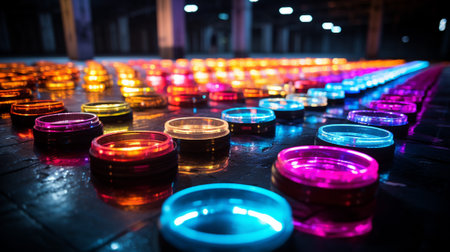 exploration of vibrant and abstract patterns generated by various sources of electric energy. The vivid allure of neon signs, trails of lights in motion, and the explosive bursts of colorful fireworksの素材