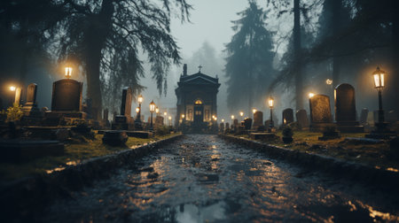 Tombstones stand tall, adorned with moss and age, while ethereal shadows dance among them, hinting at a ghostly realm that transcends the boundaries of the living world.の素材