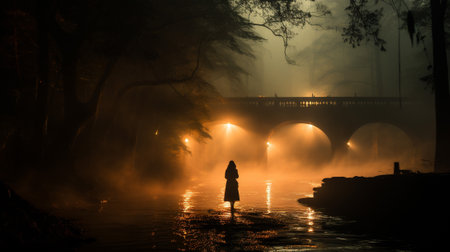 this captivating photograph, a mist-covered bridge stands as an eerie pathway between two worlds. A lone silhouette, appearing as a ghostly apparition, moves gracefully along the fog-laden structure.の素材