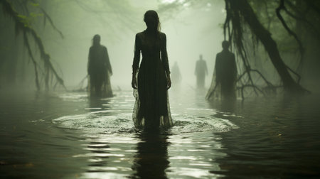 moments of twilight. A transparent figure, shrouded in otherworldly light, gracefully glides through the shadows, blending harmoniously with the fading daylight and mysterious foliage.の素材