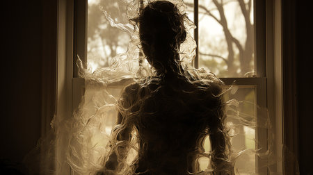 In this eerie photograph, a transparent ghostly face presses against a foggy windowpane, leaving a chilling imprint. The haunting visage appears to peer into our world from the ethereal realm.の素材