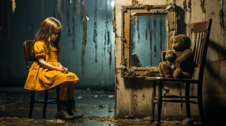 In this enigmatic photograph, an eerie scene unfolds as a vintage doll sits upon a worn, antique chair. The room is filled with an otherworldly ambiance. The juxtaposition of the doll's innocence.の素材