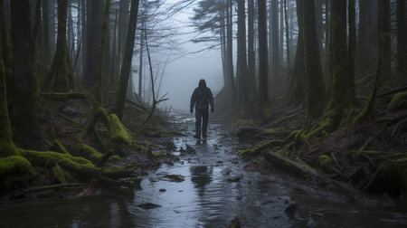 moments of twilight. A transparent figure, shrouded in otherworldly light, gracefully glides through the shadows, blending harmoniously with the fading daylight and mysterious foliage.の素材