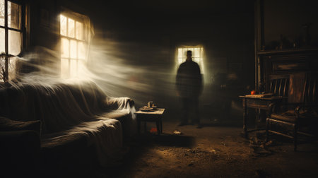 Step into the enigmatic realm of the supernatural with this haunting long exposure photograph of an empty room. As wisps of ethereal fog float around, the atmosphere an eerie, ghostly presence.の素材