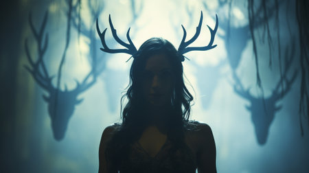 In this captivating photograph titled Infernal Illumination," the play of light and shadows comes to life as a silhouette of a person emerges, adorned with devilish horns and a menacing tail.の素材