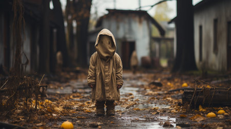 In this captivating Halloween-themed photograph, a mischievous child adorned in a classic ghost costume playfully hides behind a gnarled tree trunk. an eerie silhouette on the scene.の素材