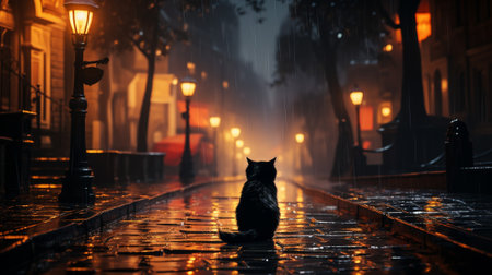 In the stillness of the night, a mysterious black cat gracefully crosses a moonlit path, its silhouette illuminated by the ethereal glow of the full moon. Halloween magic, enchantment and wonder.の素材