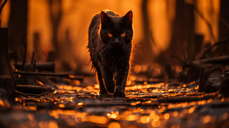 In the stillness of the night, a mysterious black cat gracefully crosses a moonlit path, its silhouette illuminated by the ethereal glow of the full moon. Halloween magic, enchantment and wonder.の素材