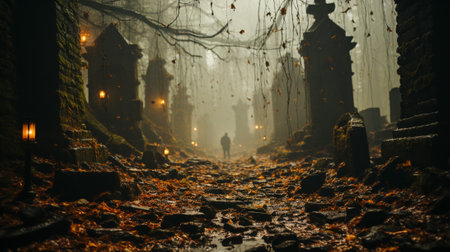 A creepy graveyard emerges from the shadows, shrouded in mist, and adorned with weathered tombstones. The moonlight casts an eerie glow, creating an atmosphere of haunting beauty and mystery.の素材