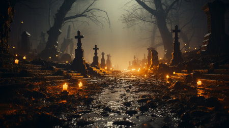 A creepy graveyard emerges from the shadows, shrouded in mist, and adorned with weathered tombstones. The moonlight casts an eerie glow, creating an atmosphere of haunting beauty and mystery.の素材