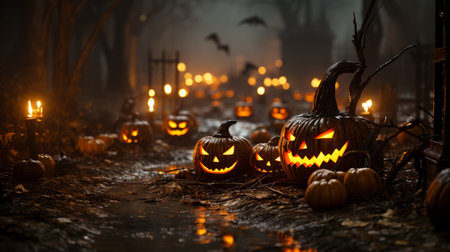 Amidst the twisted trees and misty fog, a collection of intricately carved Jack-o'-lanterns casts an enchanting glow, illuminating the darkness and giving life to the spookiest night of the year.の素材