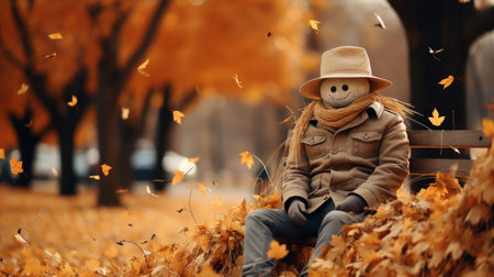 The golden hues of the leaves add a warm and inviting touch to the scene, while the scarecrow's silent watchfulness adds an air of mystery and intrigue to the harvest season.の素材