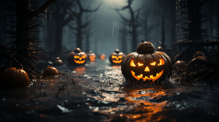 Amidst the twisted trees and misty fog, a collection of intricately carved Jack-o'-lanterns casts an enchanting glow, illuminating the darkness and giving life to the spookiest night of the year.の素材