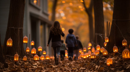 In the eerie glow of flickering streetlights, a group of trick-or-treaters, dressed in an assortment of costumes ranging from witches to ghosts, take a captivating journey down a dimly lit street.の素材