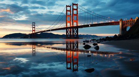 the beauty of a renowned bridge during the stillness of the night. The bridge's majestic structure is illuminated by a mesmerizing array of lights that cast a vibrant glow across the water below.の素材