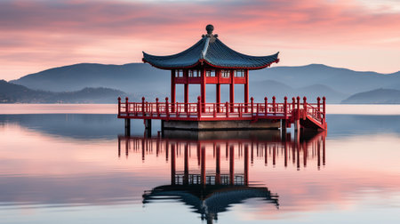 the breathtaking beauty of a renowned landmark mirrored perfectly in a tranquil, glassy lake. The calm waters create an ethereal scene, enhancing the iconic structure's splendorの素材