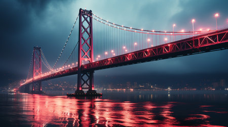 the beauty of a renowned bridge during the stillness of the night. The bridge's majestic structure is illuminated by a mesmerizing array of lights that cast a vibrant glow across the water below.の素材