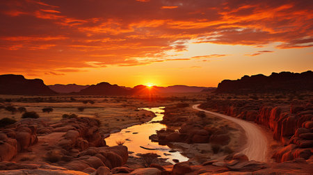 Witness the awe-inspiring beauty of nature as the renowned mountain range stands tall, its majestic peaks forming a striking silhouette against the backdrop of a stunning sunset sky.の素材