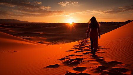 Amidst the solitude, a lone traveler's elongated shadow stretches across the dunes, symbolizing the journey, resilience, and connection between humans and nature.の素材