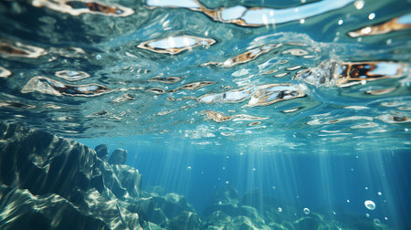 Dive into the captivating world beneath the surface with this mesmerizing underwater perspective of a popular beach. Feel the raw power of the ocean as waves crash against the shore.の素材