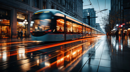 This photograph captures the dynamic energy of a bustling cityscape at night through a long exposure technique, resulting in mesmerizing light trails that paint a vibrant symphony of colors.の素材