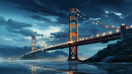 the beauty of a renowned bridge during the stillness of the night. The bridge's majestic structure is illuminated by a mesmerizing array of lights that cast a vibrant glow across the water below.の素材