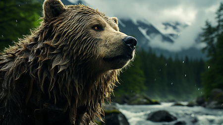 a powerful grizzly bear as it explores its natural habitat in a lush and captivating forest. the grace and strength of this magnificent creature as it navigates through the verdant foliage.の素材