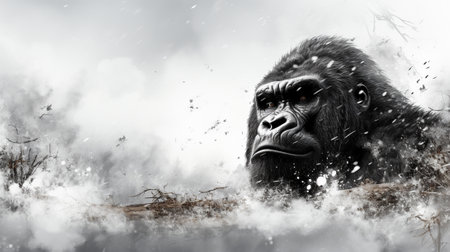 a magnificent gorilla stands tall in the heart of a lush and vibrant forest. an air of serenity and raw power as the gorilla gazes confidently into the distance, surrounded by natural beautyの素材