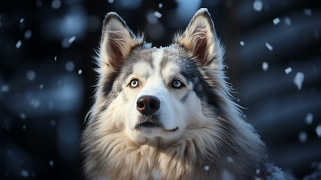 the awe-inspiring beauty of an Alaskan Malamute dog gracefully navigating through a serene and snow-filled forest. The majestic presence of the Malamute, coupled with the enchanting winter wonderlandの素材