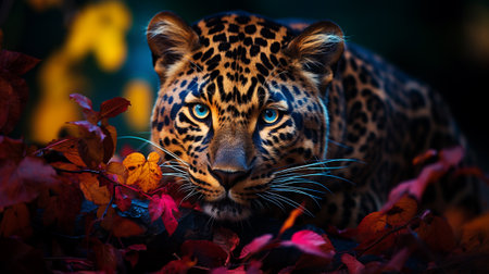In the heart of a mystical forest, a magnificent leopard prowls with grace and power. This awe-inspiring creature epitomizes the untamed beauty and mystery of the wildernessの素材