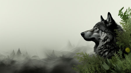 The dense foliage serves as a protective canopy, cloaking the wolf in an aura of mystique as it navigates the woods with stealth and grace. in the enigmatic world of the wild.の素材