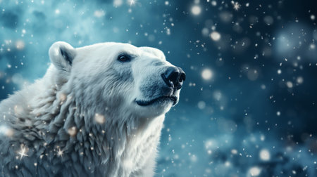 the majesty of a polar bear wandering through a serene snow-covered forest in the heart of the Arctic. The majestic creature blends harmoniously with the pristine winter landscapeの素材
