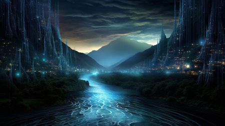 The scene is a fusion of cybernetic wonder and dream-like serenity, as the rivers of data meander through a celestial landscape, carrying the collective wisdom of humanity.の素材