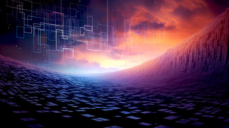 a mesmerizing world where the boundaries between reality and the digital realm blur. The dreamscape is intricately woven from the enigmatic language of code, each line representing a different facetの素材