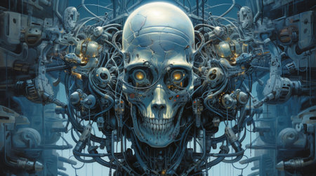 This digital abstract artwork captures the essence of a surreal dreamscape, where ethereal beings materialize through the fusion of advanced machinery and the limitless power of human creativityの素材