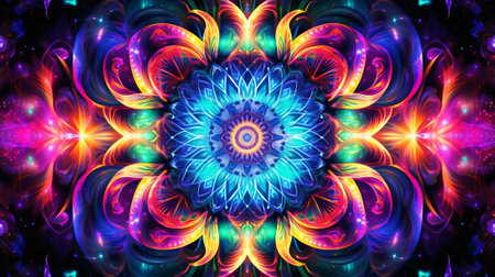 the mesmerizing beauty of the "Cosmic Kaleidoscope," where an abstract galactic pattern unfolds in a symphony of neon colors. Swirling nebulae, radiant stars, and cosmic dust harmoniously blendの素材