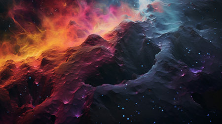 "Ethereal Stardust Symphony." This mesmerizing digital artwork showcases an abstract representation of stardust glowing with neon hues, forming a surreal and otherworldly cosmic landscape.の素材