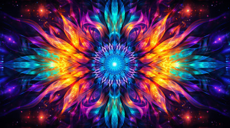 the mesmerizing beauty of the "Cosmic Kaleidoscope," where an abstract galactic pattern unfolds in a symphony of neon colors. Swirling nebulae, radiant stars, and cosmic dust harmoniously blendの素材