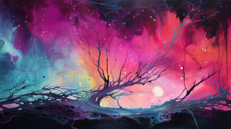 "Ethereal Stardust Symphony." This mesmerizing digital artwork showcases an abstract representation of stardust glowing with neon hues, forming a surreal and otherworldly cosmic landscape.の素材