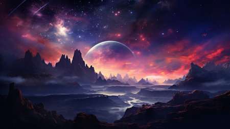 "Ethereal Stardust Symphony." This mesmerizing digital artwork showcases an abstract representation of stardust glowing with neon hues, forming a surreal and otherworldly cosmic landscape.の素材