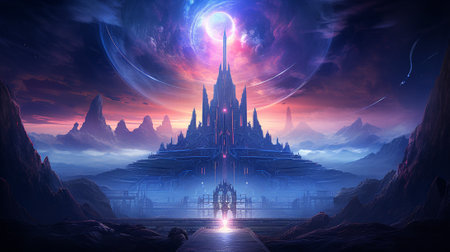 Step into a mesmerizing realm with this captivating illustration features a neon-colored galaxy with a celestial gateway that beckons explorers to venture into undiscovered realms beyond the stars.の素材