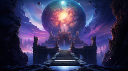 Step into a mesmerizing realm with this captivating illustration features a neon-colored galaxy with a celestial gateway that beckons explorers to venture into undiscovered realms beyond the stars.の素材