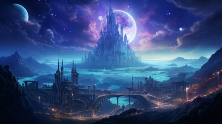 Step into a mesmerizing realm with this captivating illustration features a neon-colored galaxy with a celestial gateway that beckons explorers to venture into undiscovered realms beyond the stars.の素材