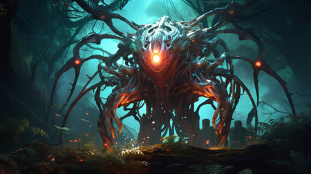 Step into an otherworldly realm where a magnificent biomechanical creature holds dominion over a lush forest of towering trees that radiate an ethereal glow. , where nature and technologyの素材