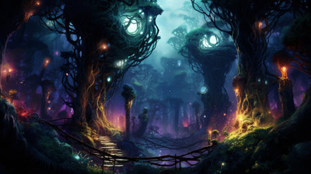 a luminous vines and roots weaves through the landscape, creating a harmonious connection between the mechanical and organic realms. nature and technology in a world where bioluminescent pathwaysの素材